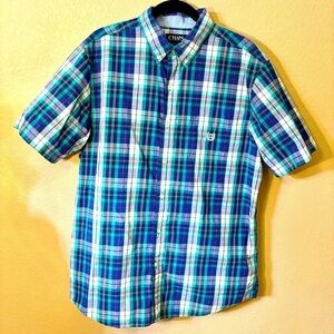 Chaps Button-Down Shirt Large Blue Teal Green White Plaid Easy Care Short Speve